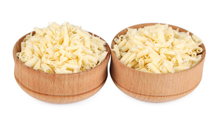 Delicious chocolate shavings in bowls isolated on white