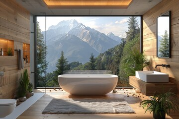 Modern minimalist bathroom with beautiful mountain scenery