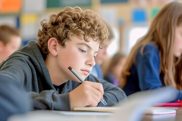 caucasian boy is studying and doing assignments in school class - obrazy, fototapety, plakaty