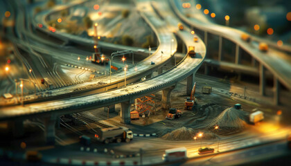A dynamic highway interchange construction scene, showcasing earthmoving equipment and workers in action 🚧👷‍♂️. Capturing the expertise behind infrastructure development!