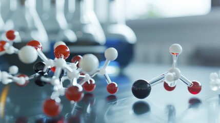 Obraz premium Exploratory research in pharmaceutical biotechnology close-up on molecule model and samples