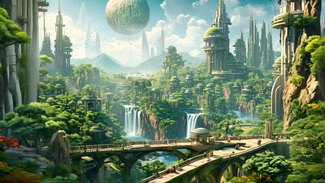 Fantasy fantasy landscape with fantasy alien planet. 3D illustration, A futuristic metropolis nestled in a lush jungle, showcasing harmony between nature and technology, AI Generated