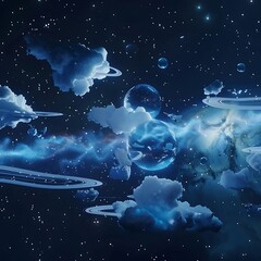 a 3D celestial scene where constellations form shapes resembling blue pancakes with AI assistance