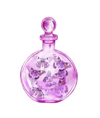 Watercolor potion bottle. Love potion and elixir hand drawn illustration. Halloween