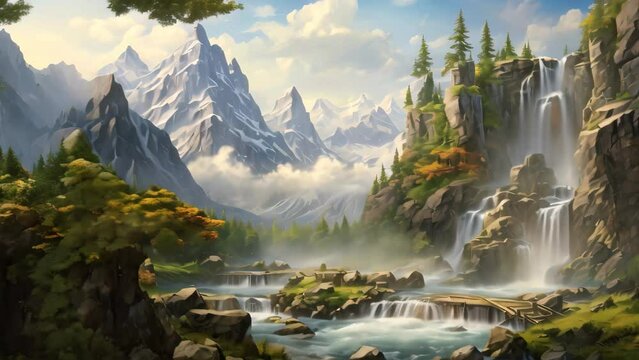 Fantasy landscape with mountain and waterfall in the forest. Digital painting, A magical waterfall cascading into a serene pond, AI Generated