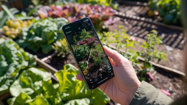 Hand Holding Smartphone Capturing Garden Scene in Daylight