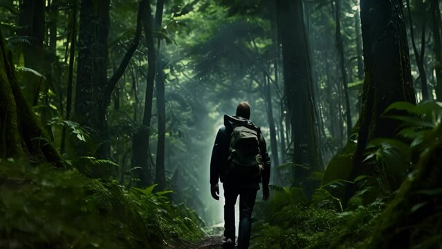 Man with backpack walking on the trail in the rainforest of Hawaii, A male hiker navigating through a dense and dark jungle, captured in full body, AI Generated