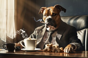 Serious dog businessman in suit smoking and drinking coffee at the table with bones - obrazy, fototapety, plakaty