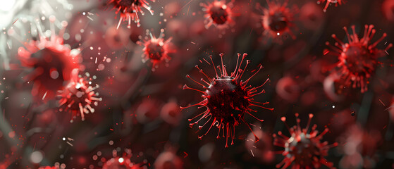 3D illustration of red virus particles on a microscopic level, depicting a viral infection or outbreak. - obrazy, fototapety, plakaty