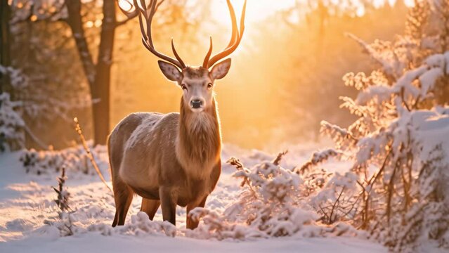 Red Deer Cervus elaphus in Winter, UK, Red Deer Cervus elaphus in Winter at Sunrise, AI Generated
