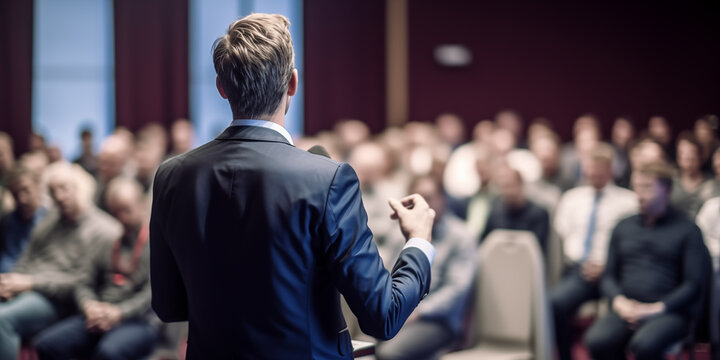 Engaging View of Dynamic Speaker at Business Conference: Ideal for Event Promotions and Professional Development.