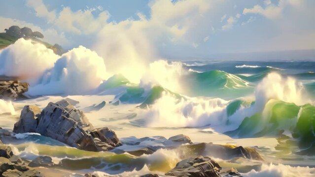 Beautiful seascape with waves crashing on the rocky shore, A Rocky Beach landscape view with rough sea waves and beautiful sky, AI Generated