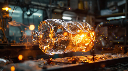 The play of light and shadow in a glassblower's studio, as molten glass evolves into a magnificent train-shaped vessel under the craftsman's expert hands
