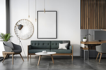 A modern and minimalist Scandinavian living room with a large empty blank canvas mockup, chair, coffee table, and desk. Black sofa with white wall. Office interior design.