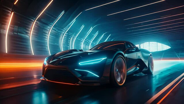 3D rendering of a brand-less generic concept car in a tunnel, A sports car, a futuristic autonomous vehicle in a tunnel. HUD car, AI Generated