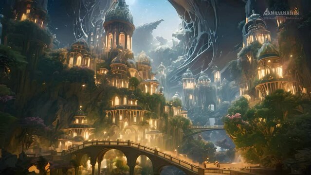 Beautiful fantasy landscape in the fantasy world. Artistic style, A thriving hidden oceanic civilization with enchanting architecture, bioluminescent plants, and mysterious inhabitants, AI Generated