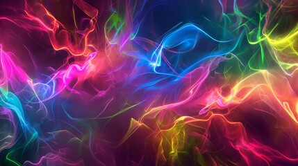 Neon ribbons of light twist and turn, forming a complex interplay of color and motion within the abstract digital realm.