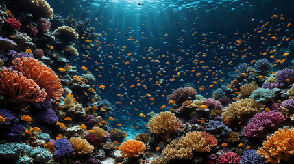 a vibrant underwater scene showcasing a diverse coral reef bustling with colorful fish and bathed in the dappled sunlight filtering through the water's surface