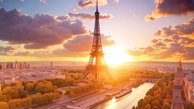 Eiffel Tower and Seine river at sunset, Paris, France, Aerial panoramic view of Paris with the Eiffel 