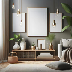 Fototapeta na wymiar Modern living room with couch, coffee table, flowers, and frame 3D render