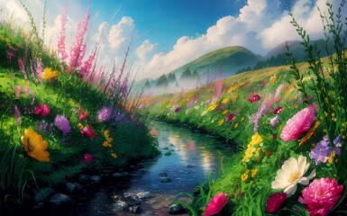 A springtime landscape, with blooming flowers, green meadows