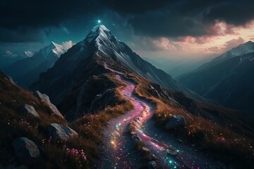 A serene mountainous landscape at night with a winding path highlighted by glowing mystical elements - obrazy, fototapety, plakaty