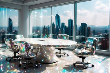 Phòng họp văn phòng hiện đại rộng rãi và sáng sủa với tầm nhìn toàn cảnh đường chân trời thành phố và một chiếc bàn lớn - obrazy, fototapety, plakaty