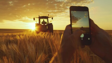 A farmer takes a photo of a working tractor on his field with a smartphone. In the heart of the...