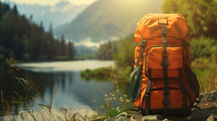 Adventure awaits: travel backpack against enchanting wild nature backdrop - obrazy, fototapety, plakaty