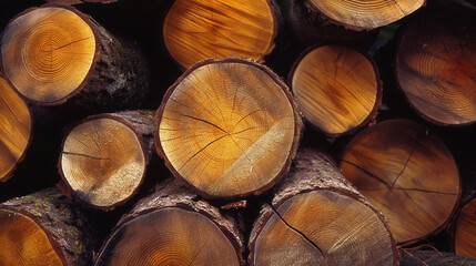 Fototapeta premium A close-up view of stacked logs, highlighting the rich, warm colors and detailed growth rings within.