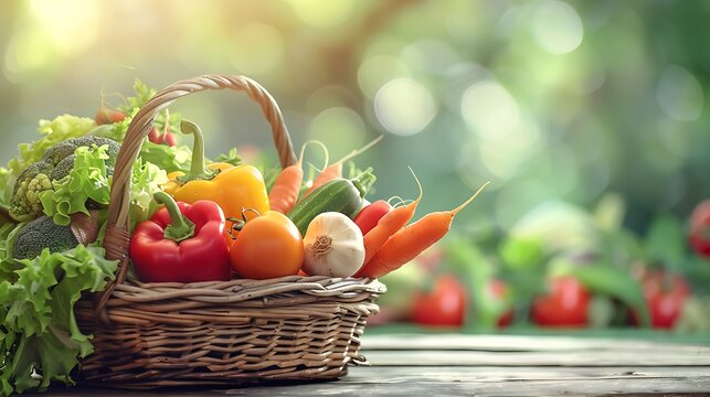 Fresh vegetables in a basket on a wooden table with blurred garden background