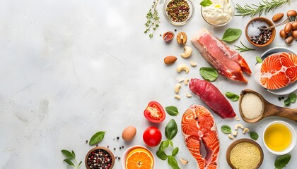 Healthy and wholesome food for eating on the right side on a light marble background with space for text - obrazy, fototapety, plakaty