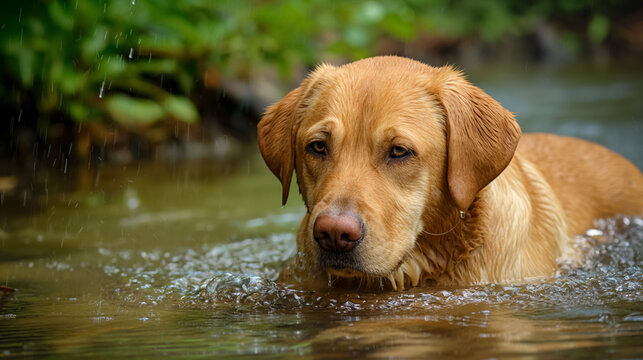 A golden retriever dog looks pensive while wading through water, with raindrops falling around it.