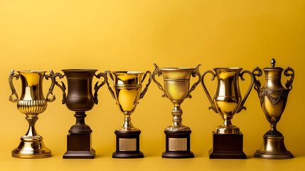A line of elegant trophies of various shapes, all gleaming gold, presented against a plain yellow background.