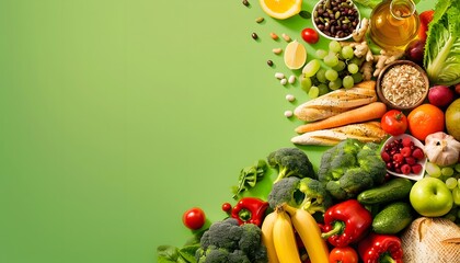 Bright green background with healthy and nutritious food on the right side.