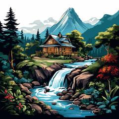 Beautiful House with Mountain and Waterfall View Illustration