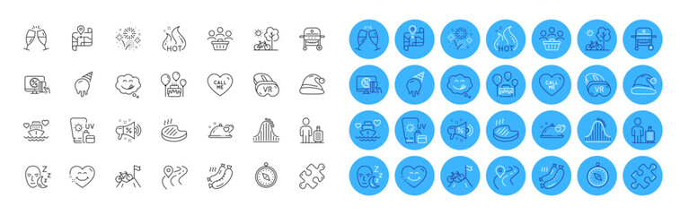 Grilled sausage, Sleep and Yummy smile line icons pack. Sunscreen, Gas grill, Smile face web icon. Road, Buyers, Sale megaphone pictogram. Travel compass, Online shopping, Bicycle. Vector