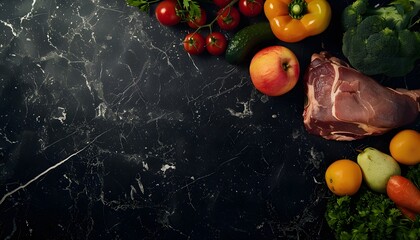 Vegetables and fruits in the upper right corner on a dark marble background - obrazy, fototapety, plakaty