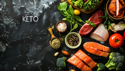 Dark marble background with healthy food with the word keto in the upper right corner. Meat, fish, avocados, lemons and other healthy foods. - obrazy, fototapety, plakaty