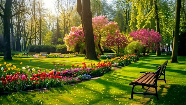Spring flower garden in the morning with butterflies and morning sunshine. seamless looping 4k time-lapse video background