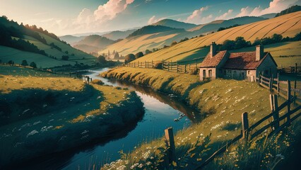 An illustration of a serene countryside landscape, with rolling hills