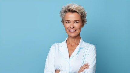 Mature female experienced doctor, healthcare professional, dentist, stomatologist, nurse smiling on a blue background