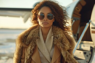 Stylish business lady exiting a private jet. The wind calls her hair and clothes. Unstoppable force: Businesswoman's fashion choices make a bold statement.