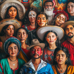 group of multiracial of hispanic people standing in front of wall with full of hispanic heritage background