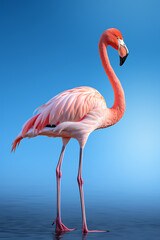 Elegant flamingo standing serenely in calm waters against a clear sky