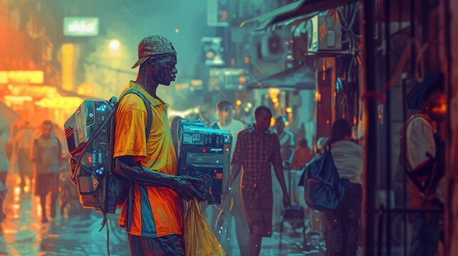 Street vendor strolls with electronic goods, embodying the essence of urban business life. 🏙️🛍️ Casual stride, determined gaze against vibrant city backdrop.