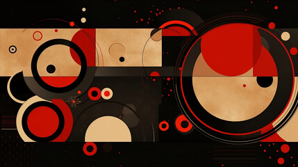 A background pattern with geometric shapes and circles in black, red, and brown