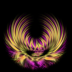 asymmetric illuminated and bright glowing purple and yellow gold on a black background
