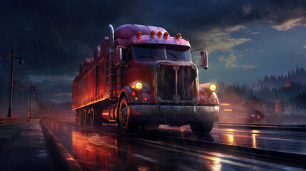 Cargo truck driving in the night or sundown. Transportation industry scene with long haul car.