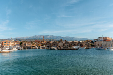 Fototapeta na wymiar View on old Venetian harbor in Chania city on Crete island, Greece.